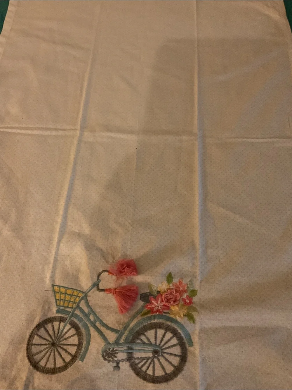 Embroidered Bicycle Cotton Kitchen Towel with Coral Tassels - White